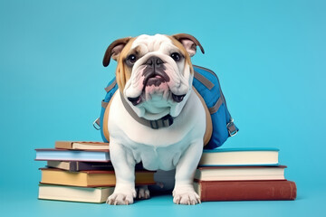 studio shot, Cute puppy bulldog and old books . Concept of care, education, obedience training and raising of pets,an animal , back to scholl, nerd , inteeligence