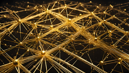 Fototapeta premium A complex 3D rendering depicting a network of lines and planes in luxurious gold, with intersecting paths and glowing accents representing the interconnectedness of wealth and success.