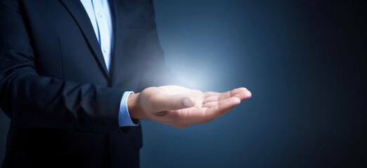 Obraz premium A BusinessMan in a suit shows palm up gesture with outstretched arm imitating support