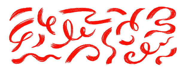 Brush line stroke squiggly paint set. Hand drawn doodle swirl wave brush curly charcoal stroke. Line squiggly paint curly hand drawn ink calligraphy elements. Vector illustration.