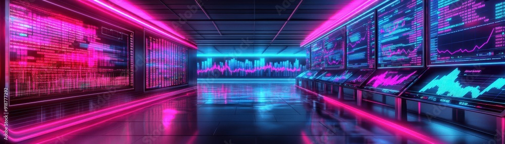 Poster futuristic digital room with neon lights, showcasing dynamic graphs and data displays, perfect for t