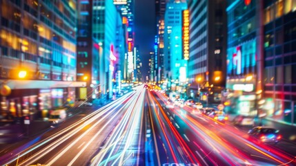 Fototapeta premium A city street at night with a lot of traffic and bright lights