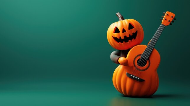 A photo of a jack-o'-lantern cheerful playing a guitar, isolated on a dark green background 