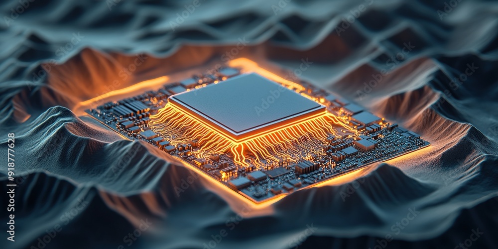 Poster high-tech microchip illuminated with orange lines on rough terrain