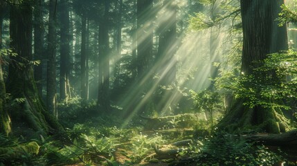Obraz premium A forest with sunlight shining through the trees