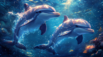 Fototapeta premium illustration of two cute dolphins with sea background