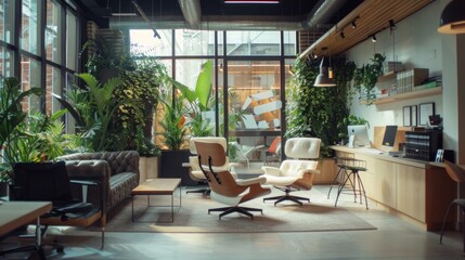Fototapeta premium A modern office space with a lot of greenery and plants
