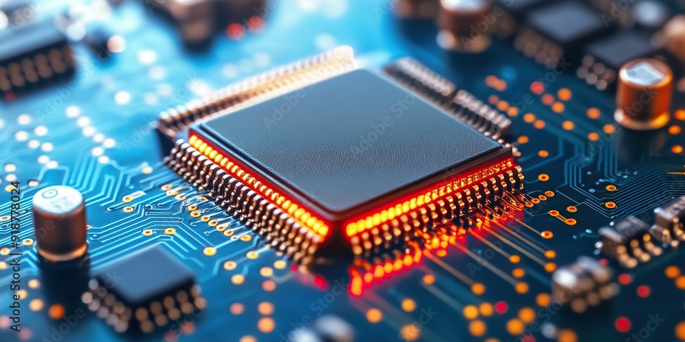 Poster close-up of a cpu on a circuit board with red led highlights