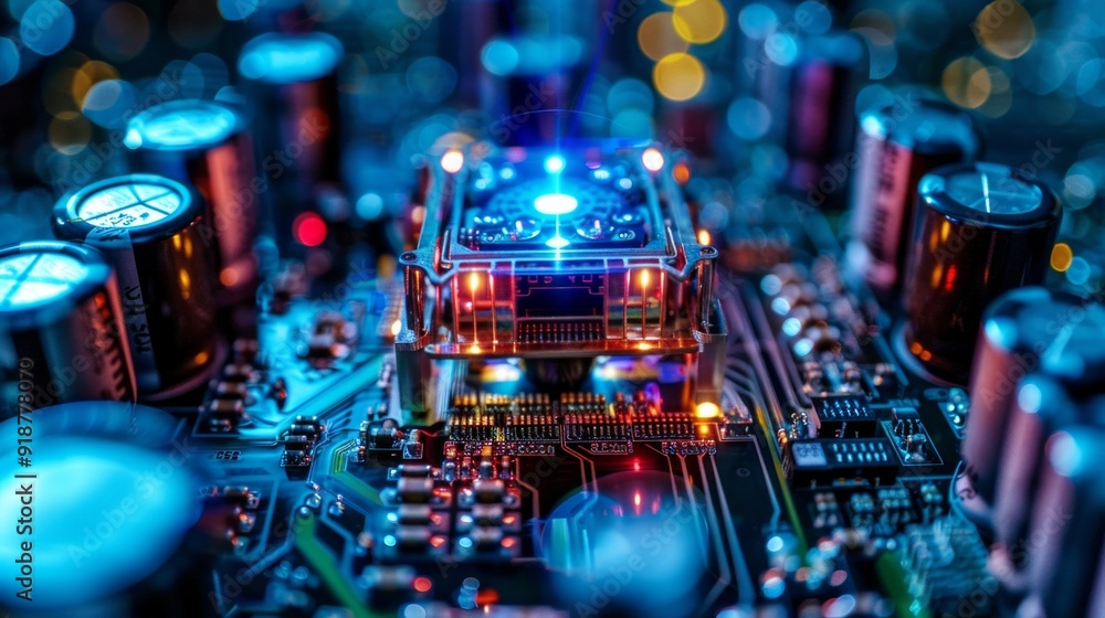 Poster a close up of a computer chip with a bright light on it
