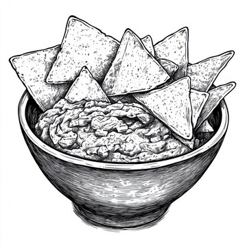 recommend clip art: Black and white Vintage engraved art of a bowl of guacamole with tortilla chips, isolated on white background, ink sketch illustration, simple vector art design, highly detailed line art