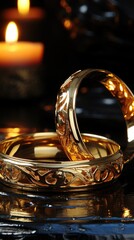 Golden wedding rings on wood  