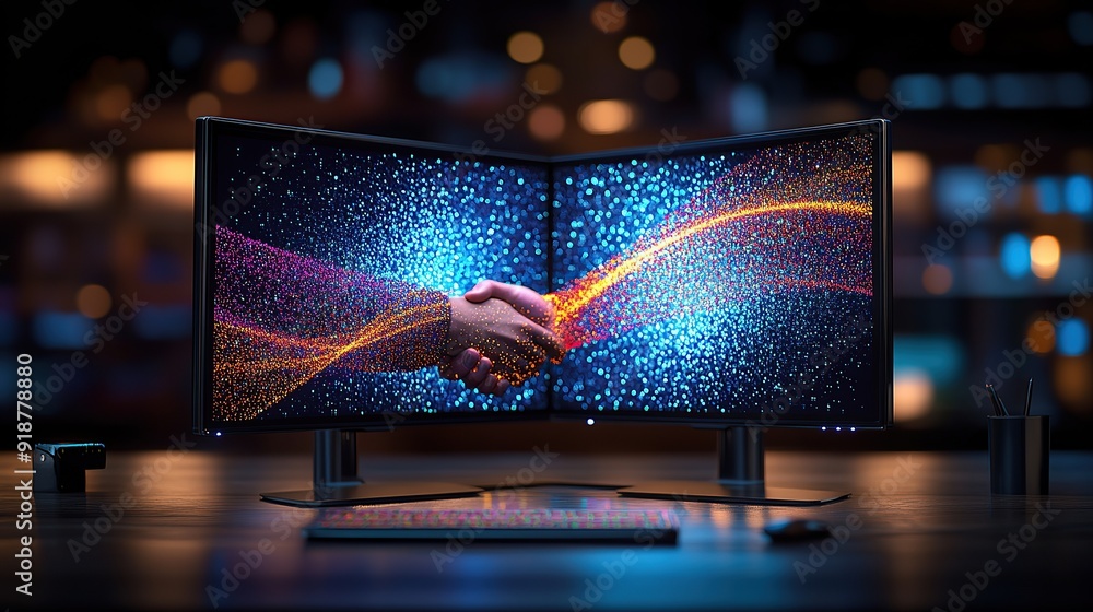 Poster digital handshake with futuristic data streams on dual monitors