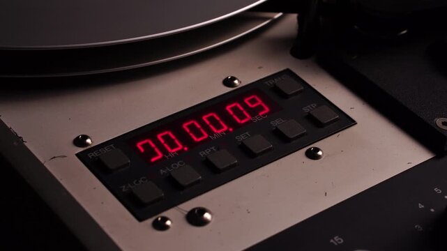 Time Counter on Professional Reel To Reel Audio Tape Recorder Counting Seconds of Playback or Recording, Close Up
