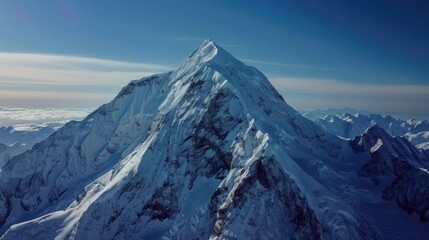 A mountain with a snow covered peak and a clear blue sky