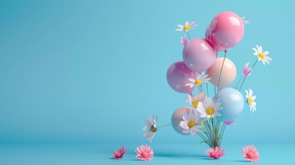 Pastel Balloons and Flowers on a Blue Background