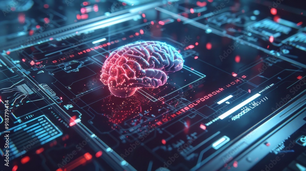 Poster a computer screen shows a brain with red and blue colors
