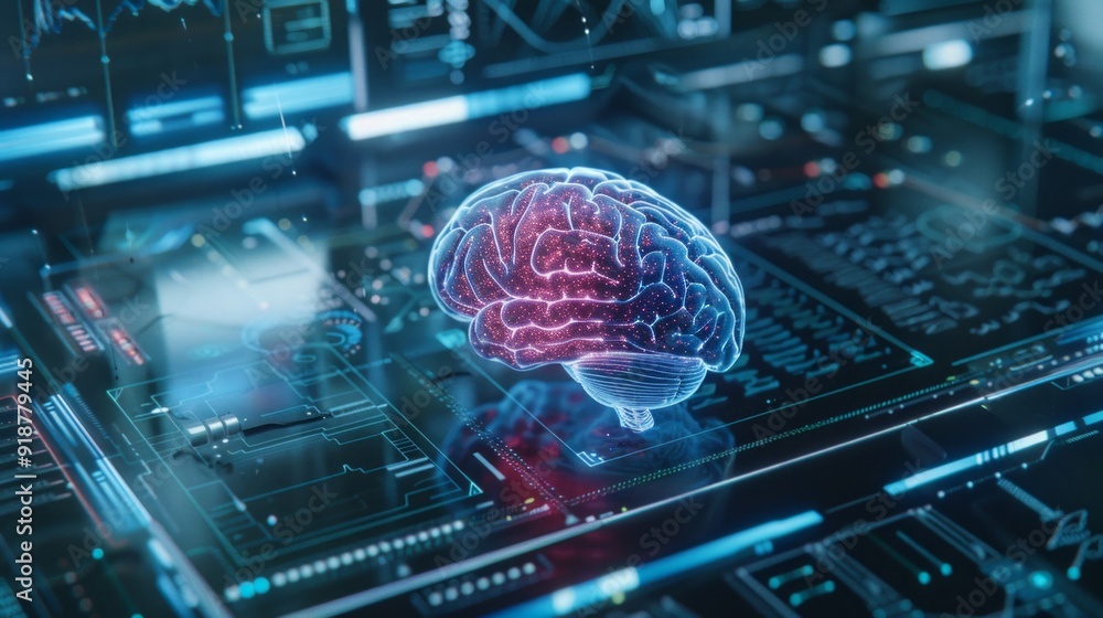 Poster a computer monitor displays a brain with red and blue colors