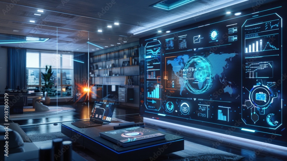 Poster a futuristic living room with a large screen displaying a map of the world