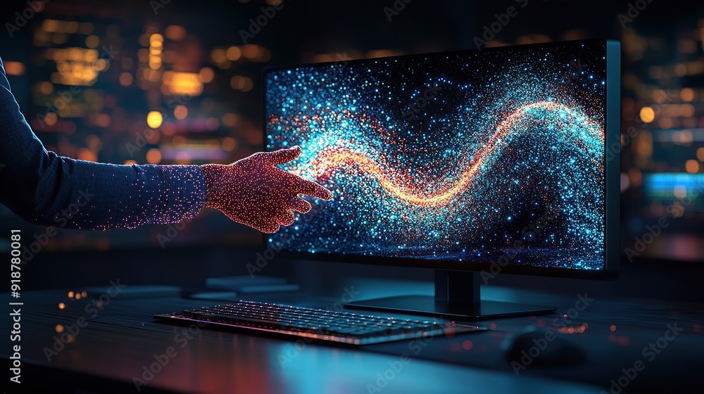 Poster hand extending from digital screen with colorful data flow