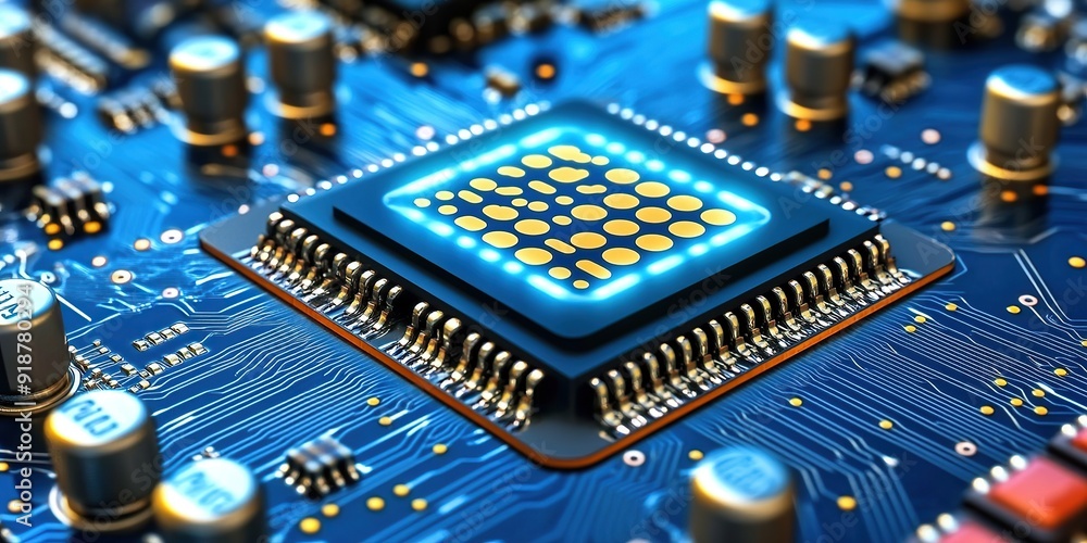 Poster Close-Up of a CPU on a Circuit Board with Red LED Highlights