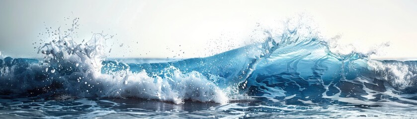 A serene ocean wave cresting under a clear sky, showcasing nature's beauty and tranquility at the shoreline.