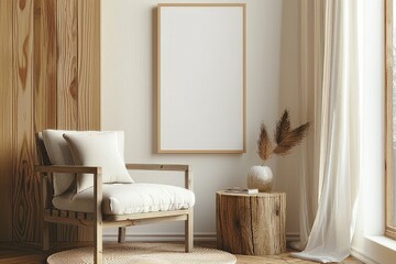 Mockup of A4 Blank Poster Frame on Wall in Japandi Interior. Features Oak Wood, Neutral Tones, Wooden Armchair with Beige Cushion, Round Tree Stump Table, Soft Daylight, and Minimalist Decor Elements.