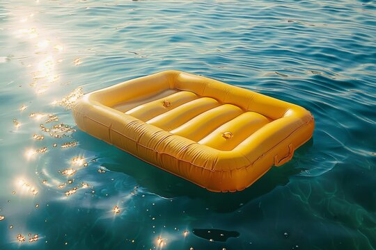 Golden Yellow Inflatable Pool Mattress Floating on Water with Sunlight Glimmering. Vibrant and Lively Product Photography Style.