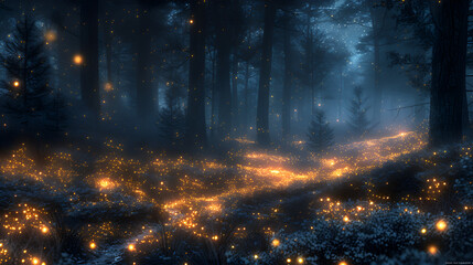 Naklejka premium Magical Trail of Fireflies Illuminating a Forest
