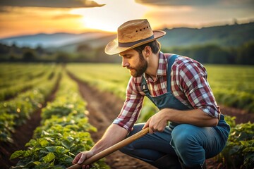 Farmer working in the field at sunset.