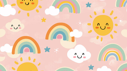 Cute Sun, Clouds, and Rainbows Pattern on Pink Background