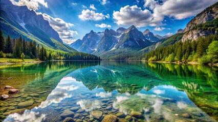 Naklejka premium Scenic view of a crystal-clear lake surrounded by majestic mountains , nature, water, landscape, serene, tranquil