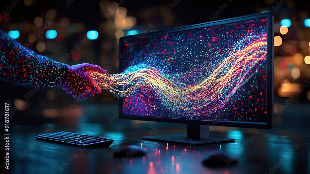 Poster hand extending from digital screen with colorful data flow