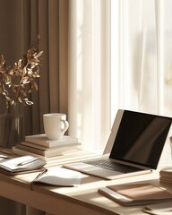 Minimalist Home Office Desk with Laptop, Books, and a Mug in Warm Sunlight.