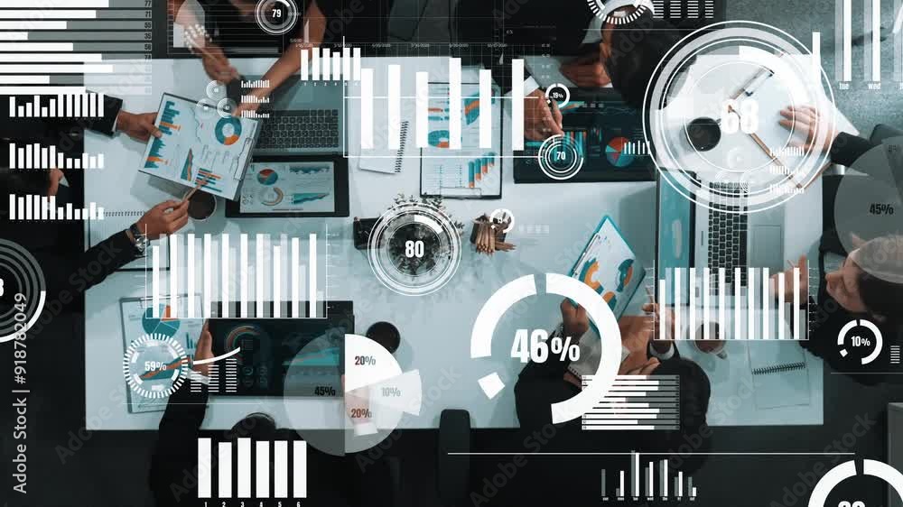 Poster top down aerial view of business people discussing about financial strategy on table with document a