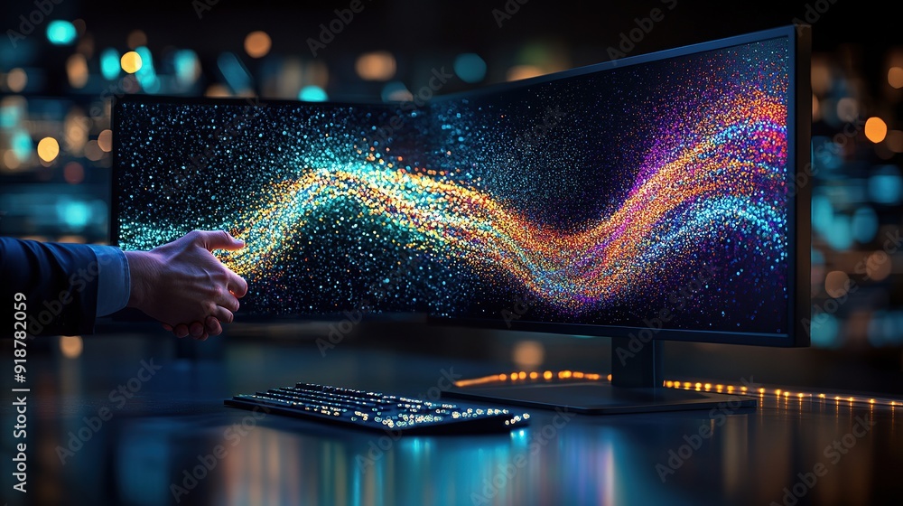 Poster hand extending from digital screen with colorful data flow