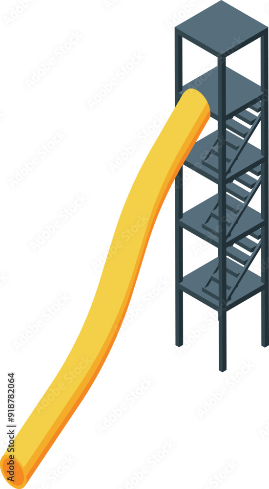 Poster isometric view of a yellow water slide extending from the top of a tall metal platform