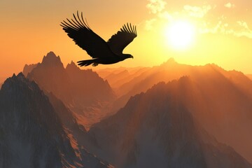 Eagle Silhouette Soaring Above Majestic Mountain Range at Sunset.
