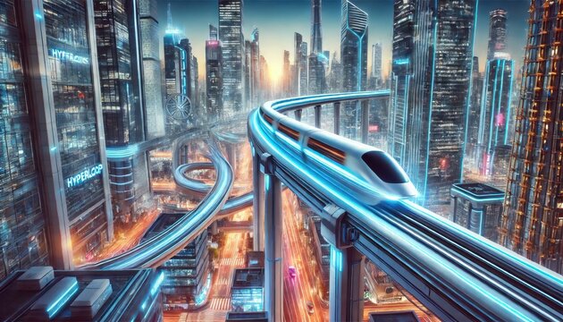 Futuristic Cityscape with Hyperloop Train and Glowing Neon Lights.
