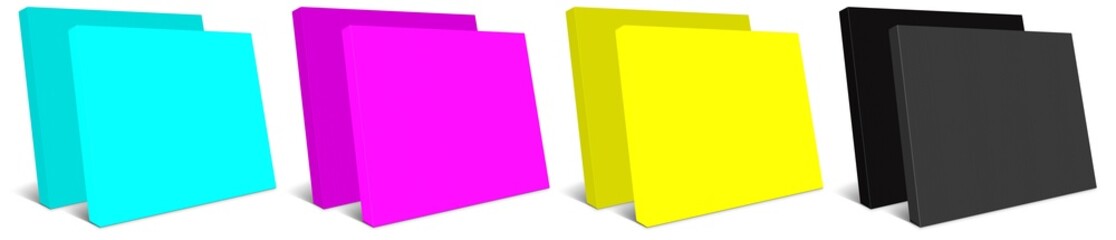 Black, cyan, yellow, magenta, CMYK Canvas Wraps template for presentation layouts and design. 3D rendering.