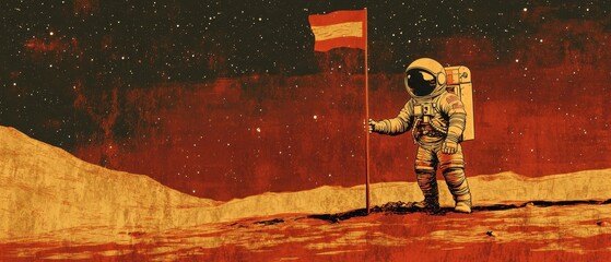 Astronaut Planting Flag on Mars, Vintage Style Illustration