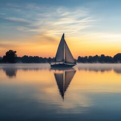 Sailboat on a Calm Lake at Sunrise with Fog and Reflection.