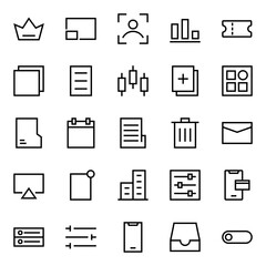 Collection of Basic Interface Related Vector Line Icons. Contains Icons like Smartphone, Crown, Email, Delete and more. Editable stroke. 48x48 pixels