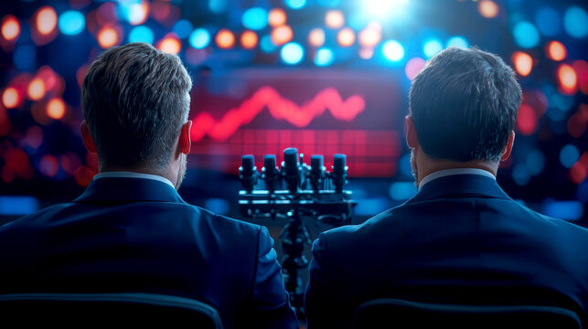 Two business professionals strategize over chess while analyzing market trends on a screen, showcasing focus and competition.