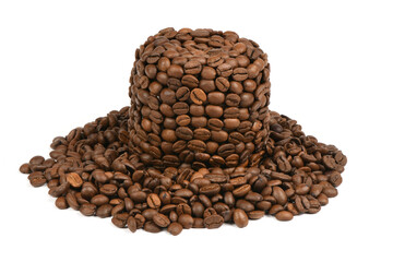 Cup of coffee made from roasted coffee beans isolated on white background