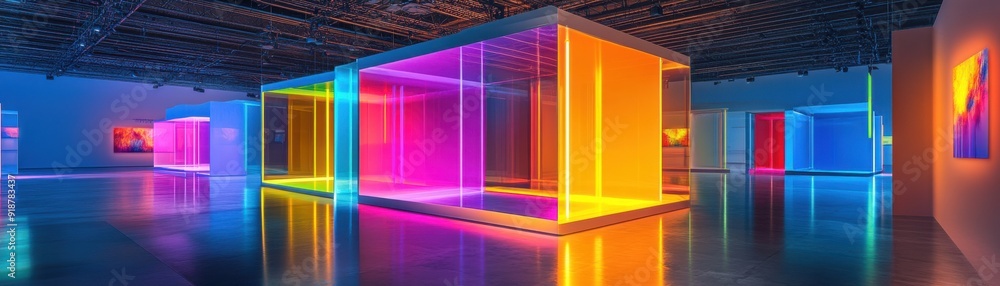 Poster vibrant art installation featuring illuminated cubes in a modern gallery. a fusion of color and ligh