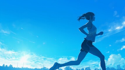 Naklejka premium 公園で走っている女性ランナーのシルエット、青空12