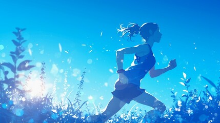 公園で走っている女性ランナーのシルエット、青空16