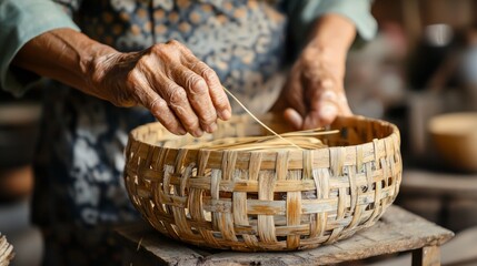 Asia life old man uncle grandfather working in home. Man elderly serious living in the countryside of life rural people in thailand weaving bamboo making basket crafts