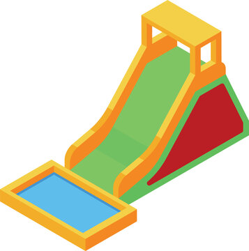 Colorful isometric illustration featuring an inflatable water slide leading to a small pool, perfect for summer fun and recreation concepts