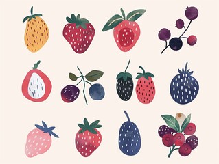 Set of various berries simple illustration. AI generated